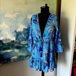 # Club Collection S  Blue Floral V-Neck Cover Up
